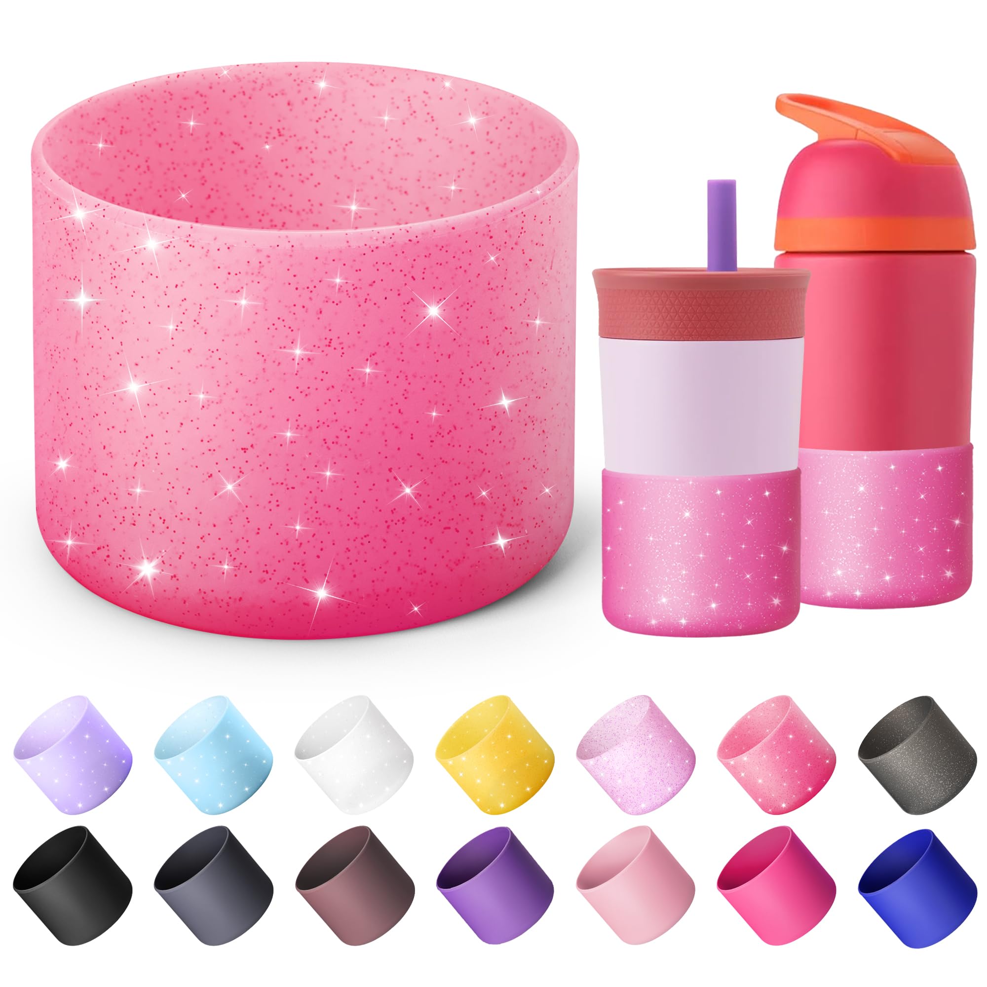 Diumepo Silicone Water Bottle Boot for Owala 14/16oz, Anti-Slip Protective Sleeve Bottom Bumper Protector for Owala 12 oz Tumbler, Flip 14 oz and FreeSip 16 oz Water Bottle (Glitter Rose Red)