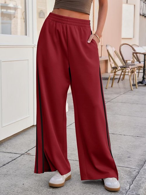 Fisoew Women's Wide Leg Pants - Casual Baggy Sweatpants with Elastic Waist & Side Slit | Pockets Included