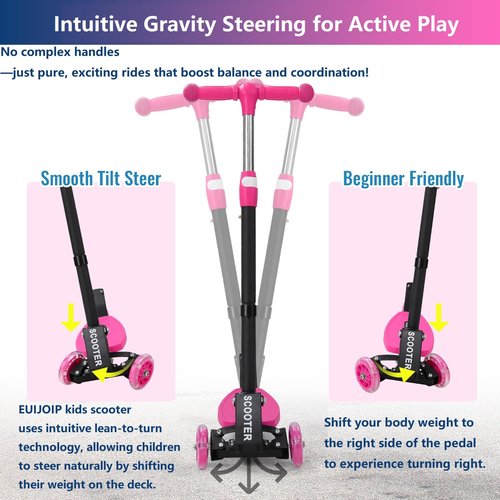 Kids 3-Wheel Kick Scooter – Adjustable Height, Gravity Steering, & LED Wheels, Foldable for Travel, Durable Metal Frame Supports up to 180 lbs