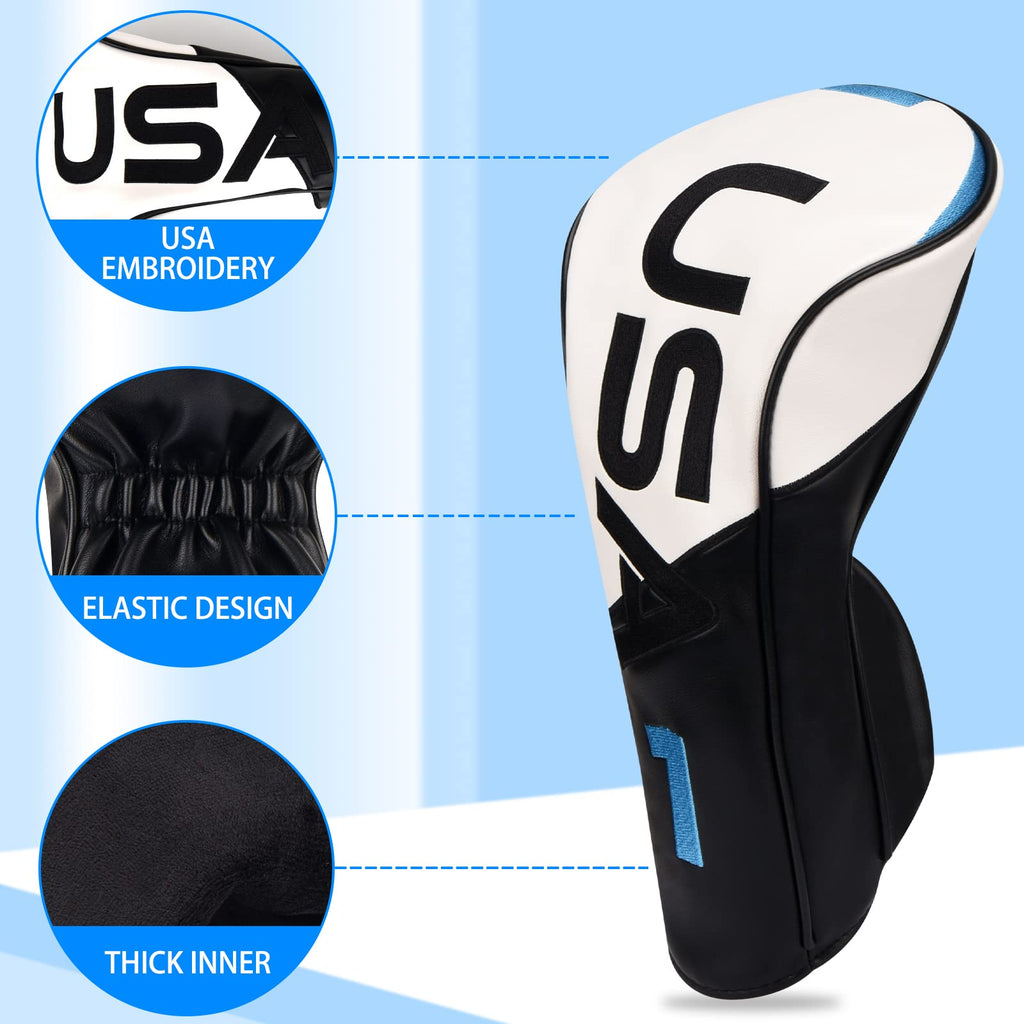 USA Golf Head Covers for Woods and Driver 3-Panel Syntheic Leather Golf Club Covers for Men Women White/Black/Blue (Driver Headcover)