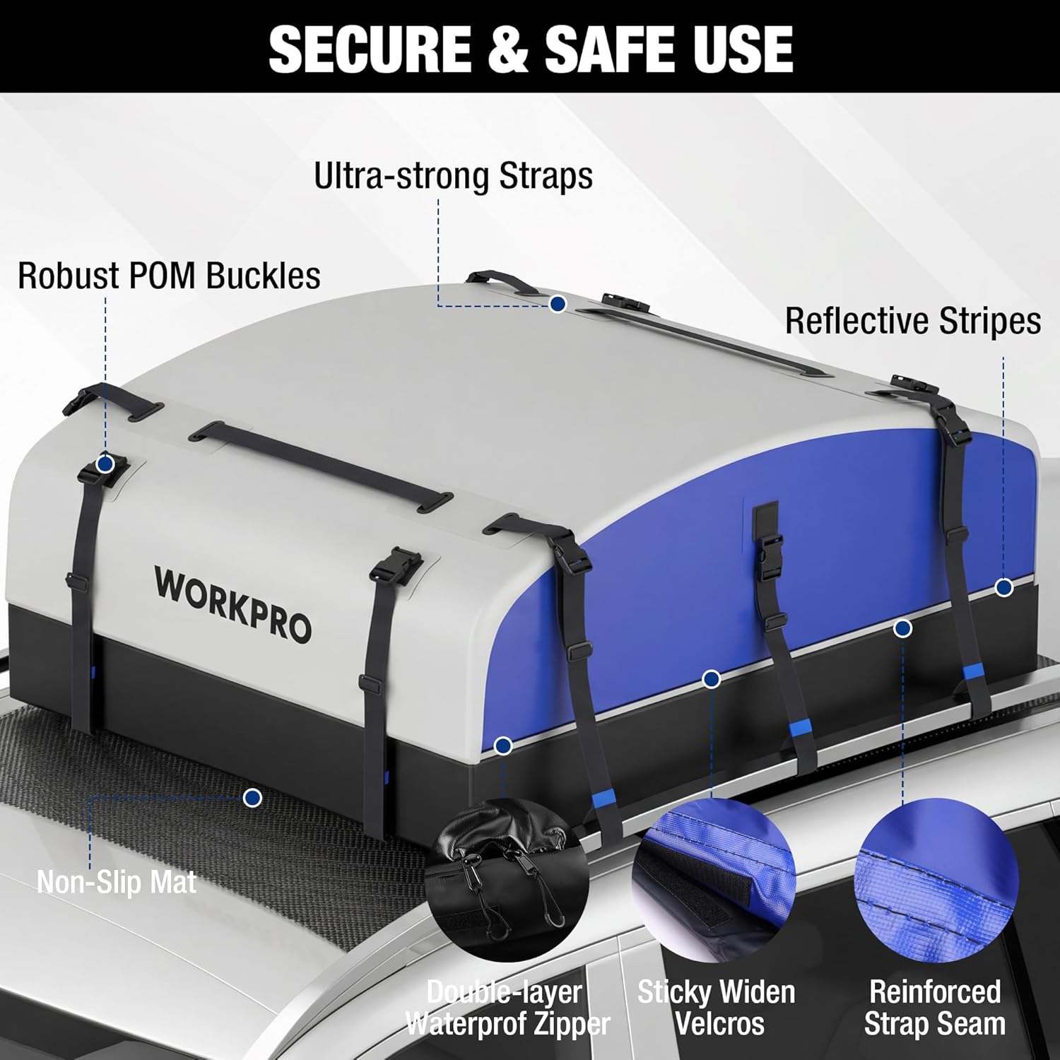 WORKPRO Rooftop Cargo Carrier - 21 Cubic Feet Waterproof Roof Bag with Anti-Slip Mat & Safety Hooks