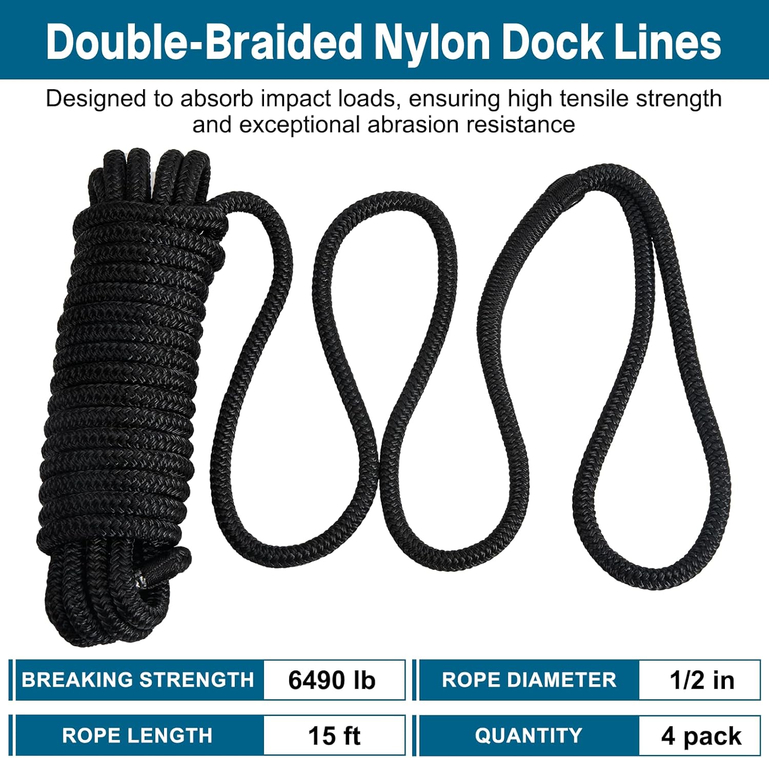Premium Marine-Grade Dock Lines by [Brand Name] - 4 Pack 1/2" x 15’ Double Braided Nylon with 12" Eyelet - Black