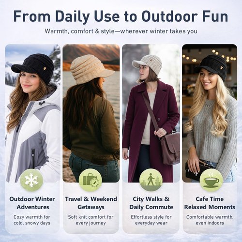 TOP-EX Winter Waterproof Fleece Lined Visor Beanie with Brim for Women Snow Cold Weather Warm Fashion Knit Stylish Outdoor Big Head Beige Medium