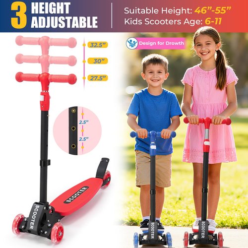 Scooter, Heavy-Duty Metal Frame 3-Wheel Scooter, 3-Speed Height Adjustable, LED Light-Up Wheels, Foldable - Ultimate Gift for 6-12 Year Old Boys and Girls, 180 lbs Weight Limit for Birthday Christmas