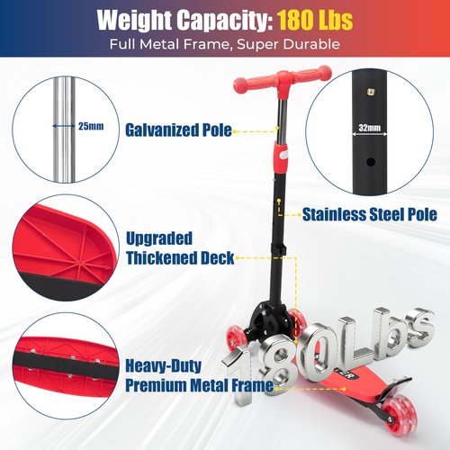 Scooter, Heavy-Duty Metal Frame 3-Wheel Scooter, 3-Speed Height Adjustable, LED Light-Up Wheels, Foldable - Ultimate Gift for 6-12 Year Old Boys and Girls, 180 lbs Weight Limit for Birthday Christmas