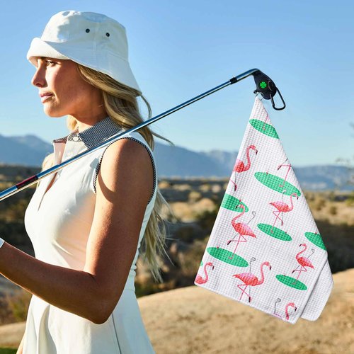 GKandi Golf Towels for Golf Bags Value 2 Pack 21"x16" and 12"x8" Set with Strong Magnetic Retractable Carabiner Microfiber Waffle Pattern Towel Lightweight Absorbent Gift for Women Ladies (Flamingo)