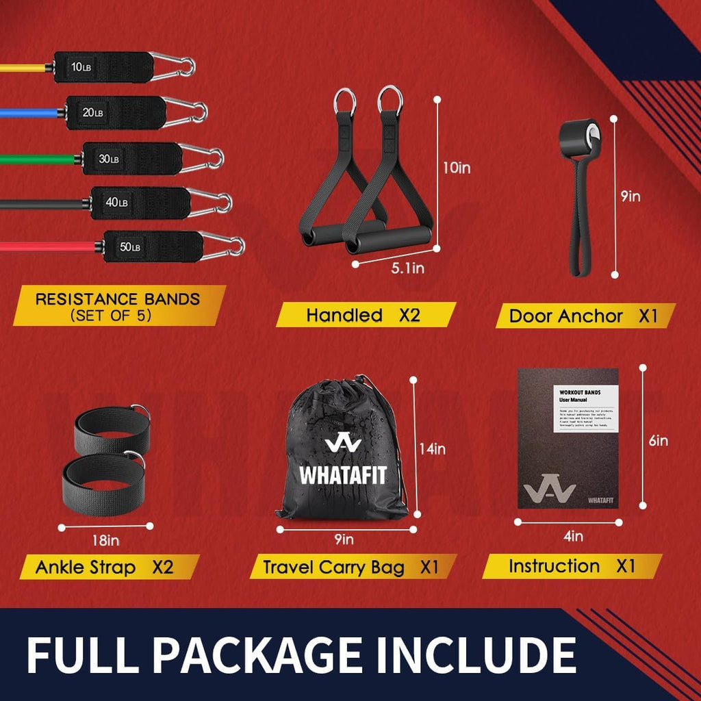 WHATAFIT Resistance Bands - Versatile Workout Bands with Handles & Door Anchor | 5 Resistance Levels for Strength Training & Physical Therapy