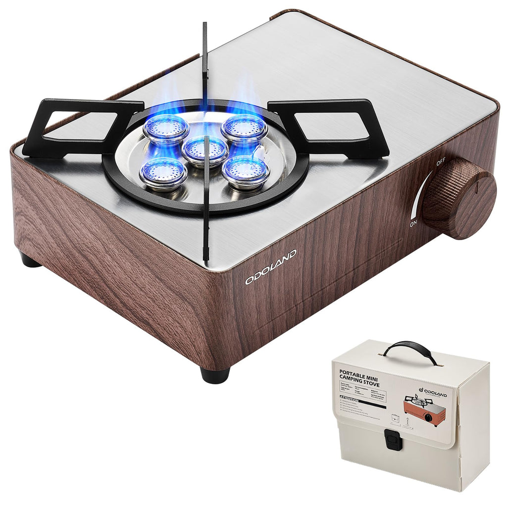 Odoland 7500BTU Camping Butane Stove with Compact Carry Case, CSA Certified Portable Gas Stove for Backpacking,Picnic,Outdoor Adventures,Brown