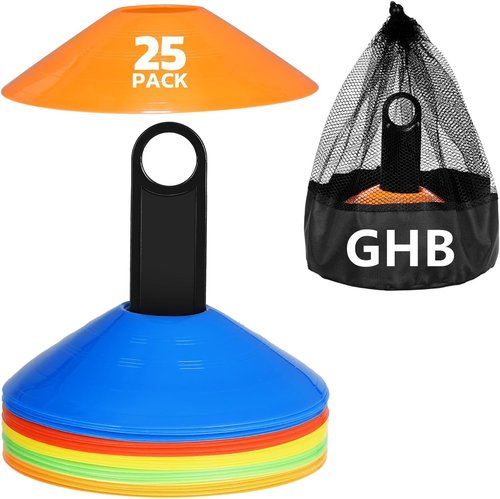 GHB Soccer Cones - Agility Training Field Markers | 25/50/100 Pack with Drills Guide