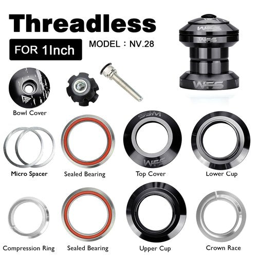 WFS NV.28 1 Inch Threadless Bike Headset - CNC Alloy, ISO 26.4mm Crown Race, Sealed Bearings, Includes Top Cap and Starnut, Black