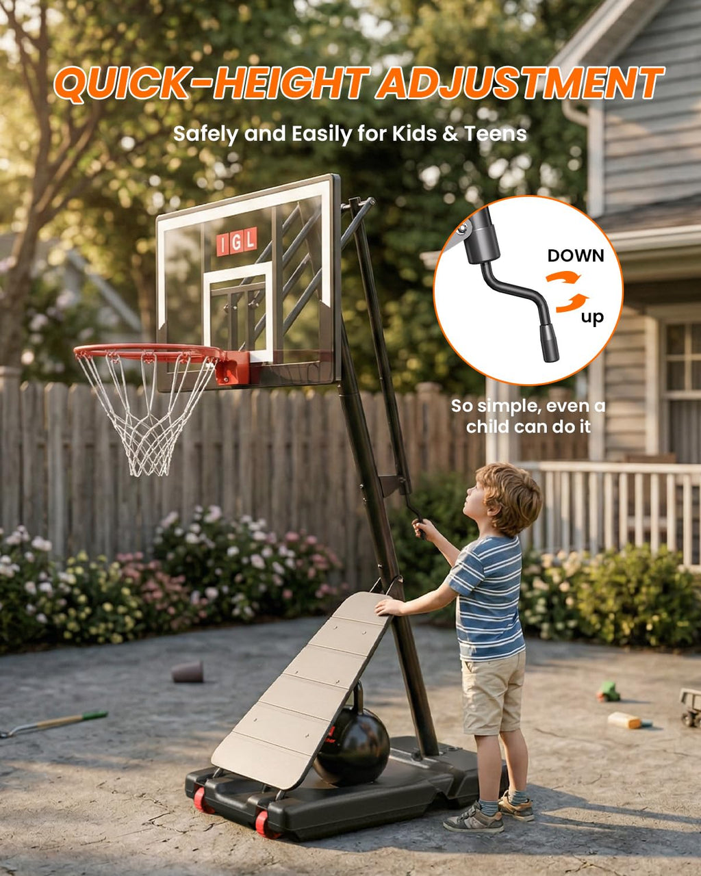 IGL Basketball Hoop Outdoor 40 Inch, Height Adjustable 5.5-10 FT, Portable Basketball Goal with Shatterproof Backboard for Kids Teens Adults, Backyard Driveway