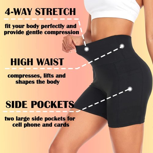 FULLSOFT Biker Shorts for Women - 4 Pack with Pockets | 5" High Waisted Tummy Control for Yoga & Gym