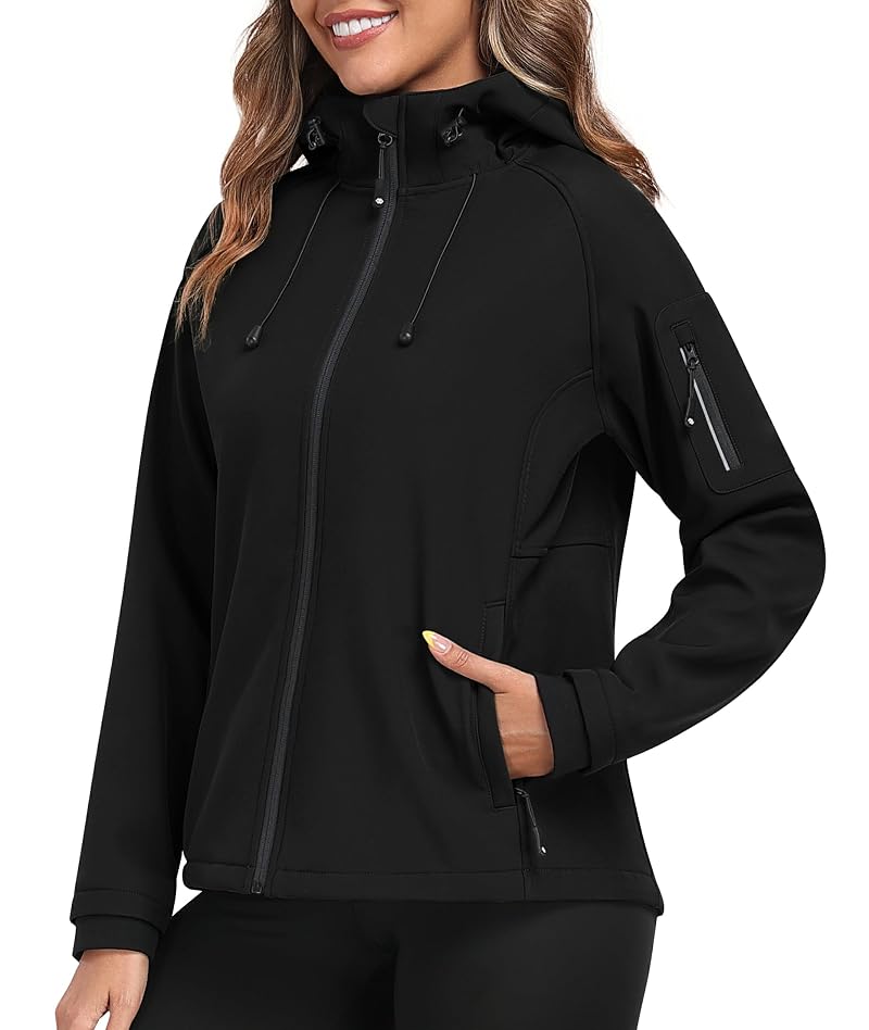 MoFiz Women's Fleece-Lined Softshell Jacket - Lightweight Insulated Warm Coat, Black, Large