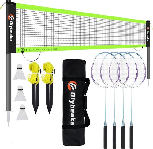 Olybeaka Professional Baminton Set, Portable Badminton Net Set for Backyard with Carring Bag, 4 Aluminum Badminton Rackets, 3 Shuttlecocks - Easy Set Up & Durable (20ft, Black)