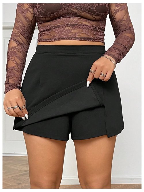 MakeMeChic Women's Plus Size High Waisted Skirt Split Hem Skorts Shorts Black X-Large Plus