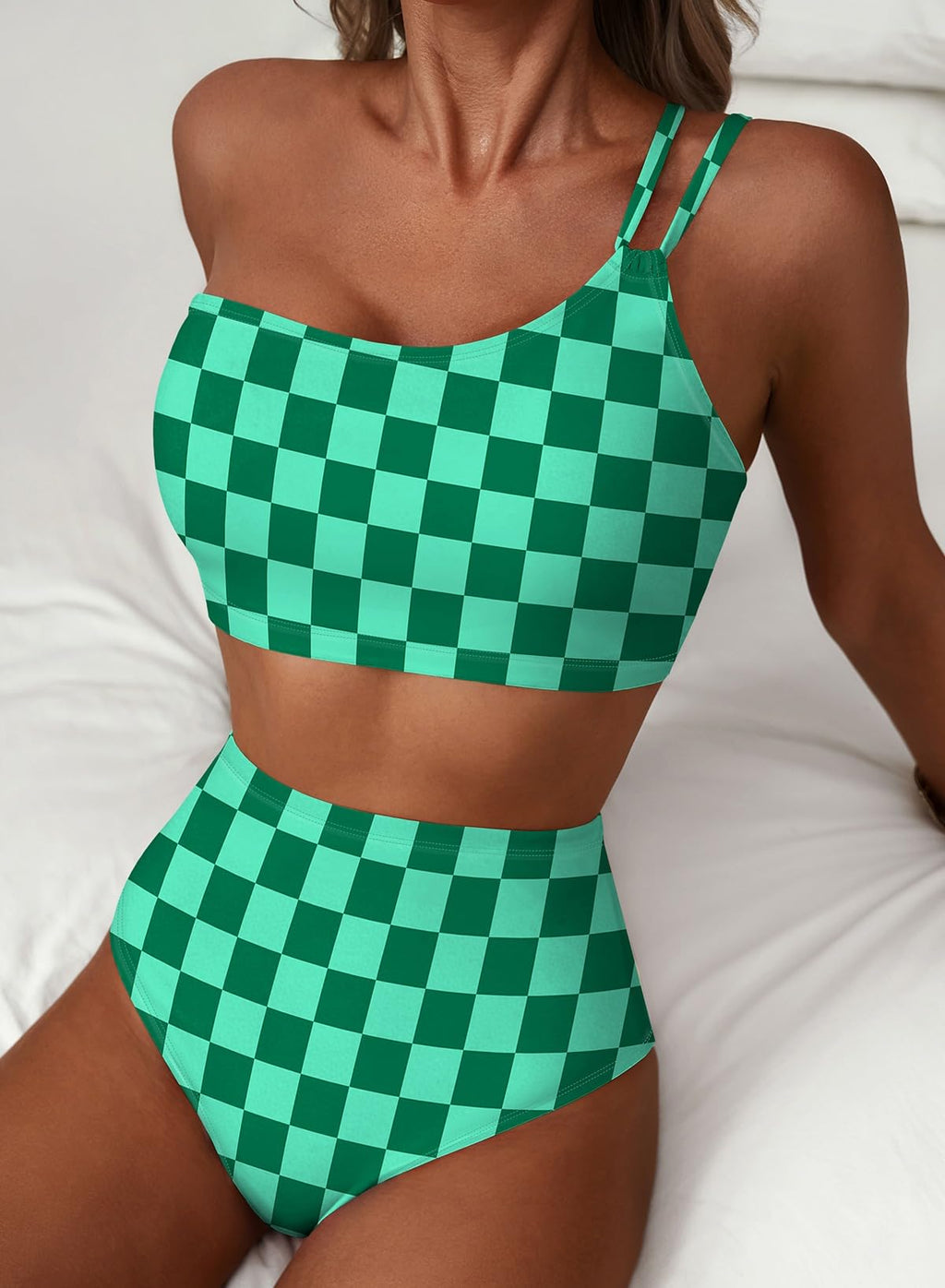 Herseas Women Bikini Sets One Shoulder 2 Piece Swim Suits High Waisted Tummy Control Push Up Adjustable Straps Bathing Suit Sexy Charming Beach Outfits Summer Green Checkered Medium