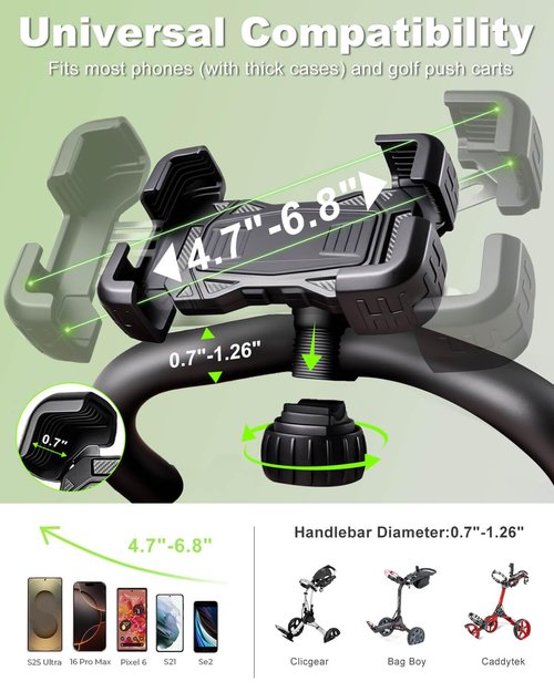 Golf Push Cart Phone Holder Silicone Protection 360° Rotatable Phone Mount Compatible with Clicgear, Sun Mountain, Caddytek, Rovic, Caddy, Bag Boy, Golf Push Cart Accessories for Cell Phones