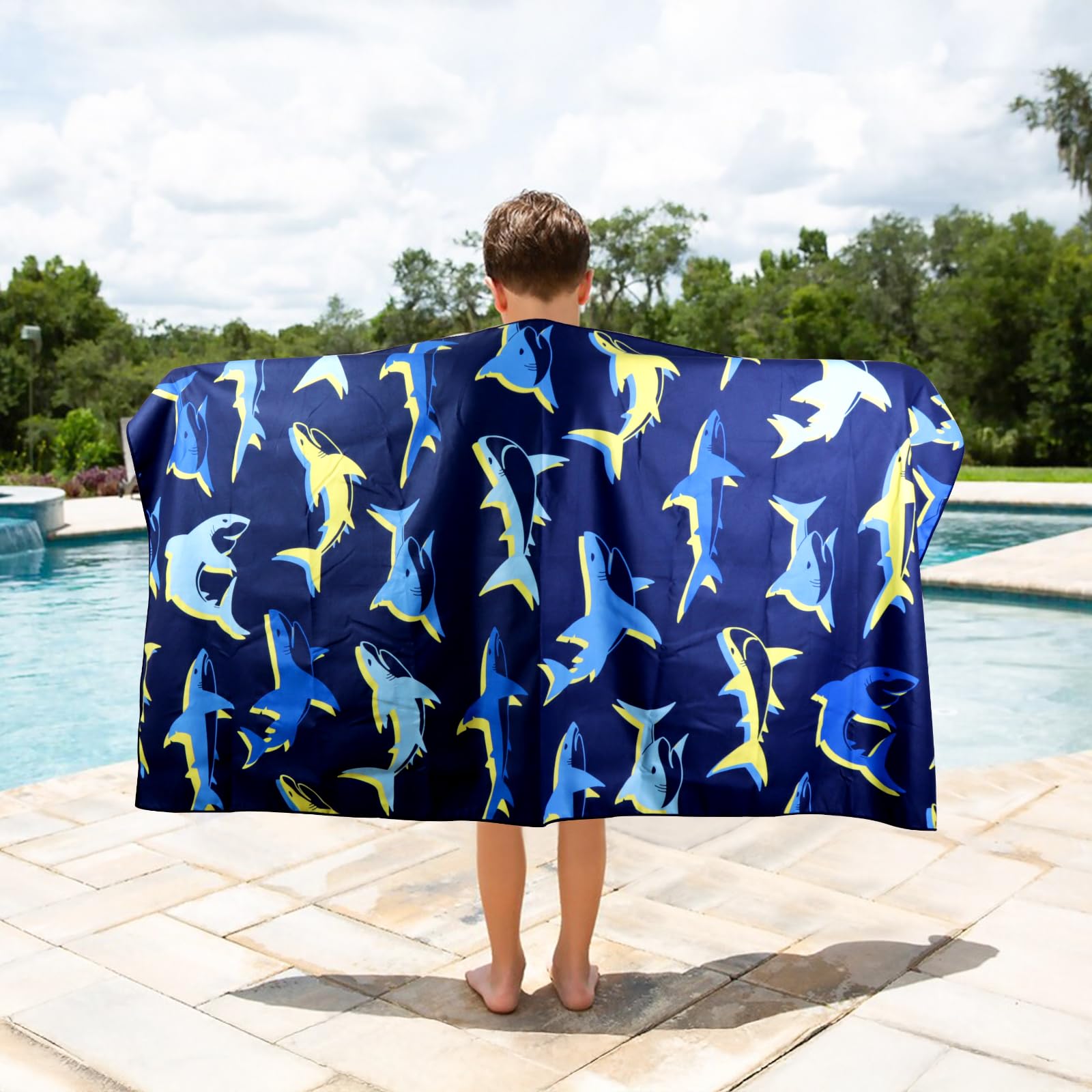 MelonBoat Large Microfiber Beach Towel: Bright Yellow Blue Shark Beach Towel for Travel, Super Absorbent Quick Dry Sand Free, Lightweight Compact for Kids Trip Vacation Bath Camping Pool Swim, 1 Pack