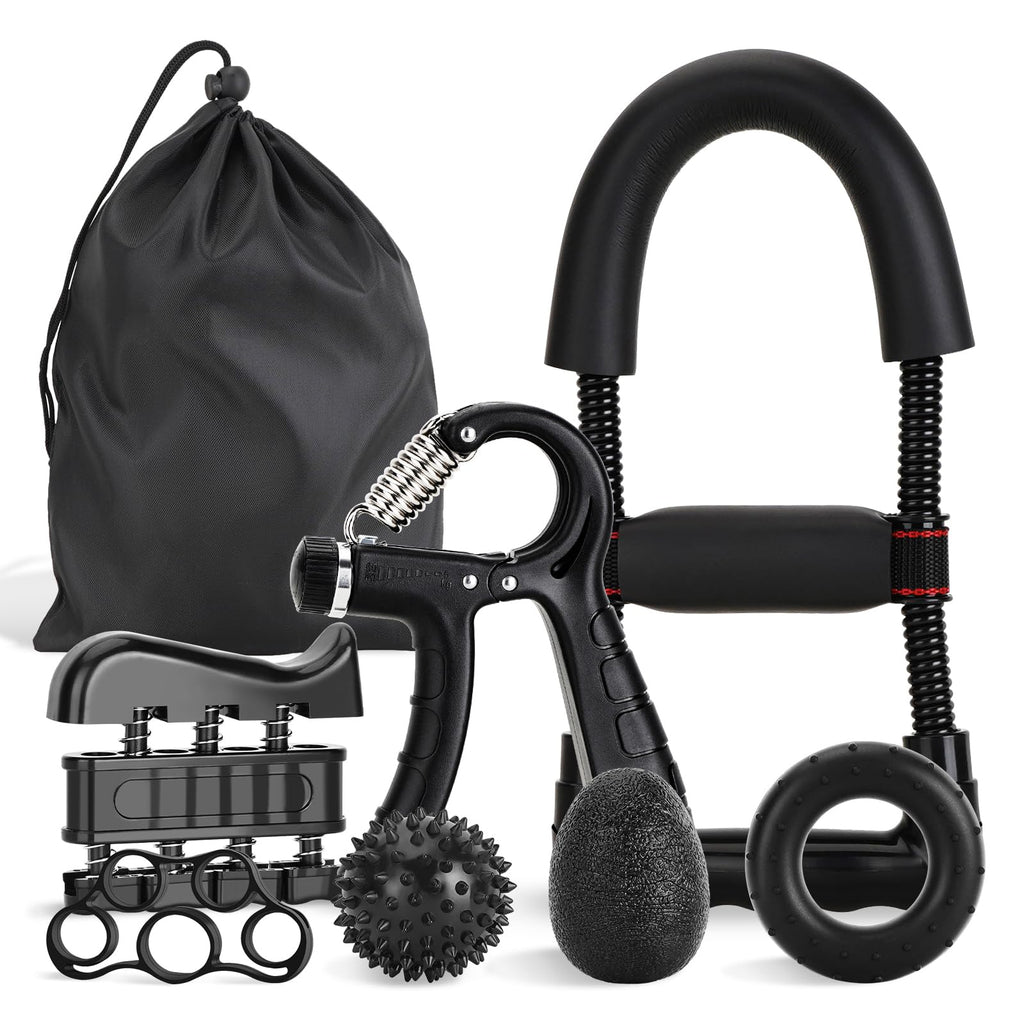 Ultimate Hand Exerciser Set for forearm workout and recovery – includes adjustable grip trainer, wrist strengthener, stress relief ball, and exercise ring. 7-piece kit for improved strength and performance