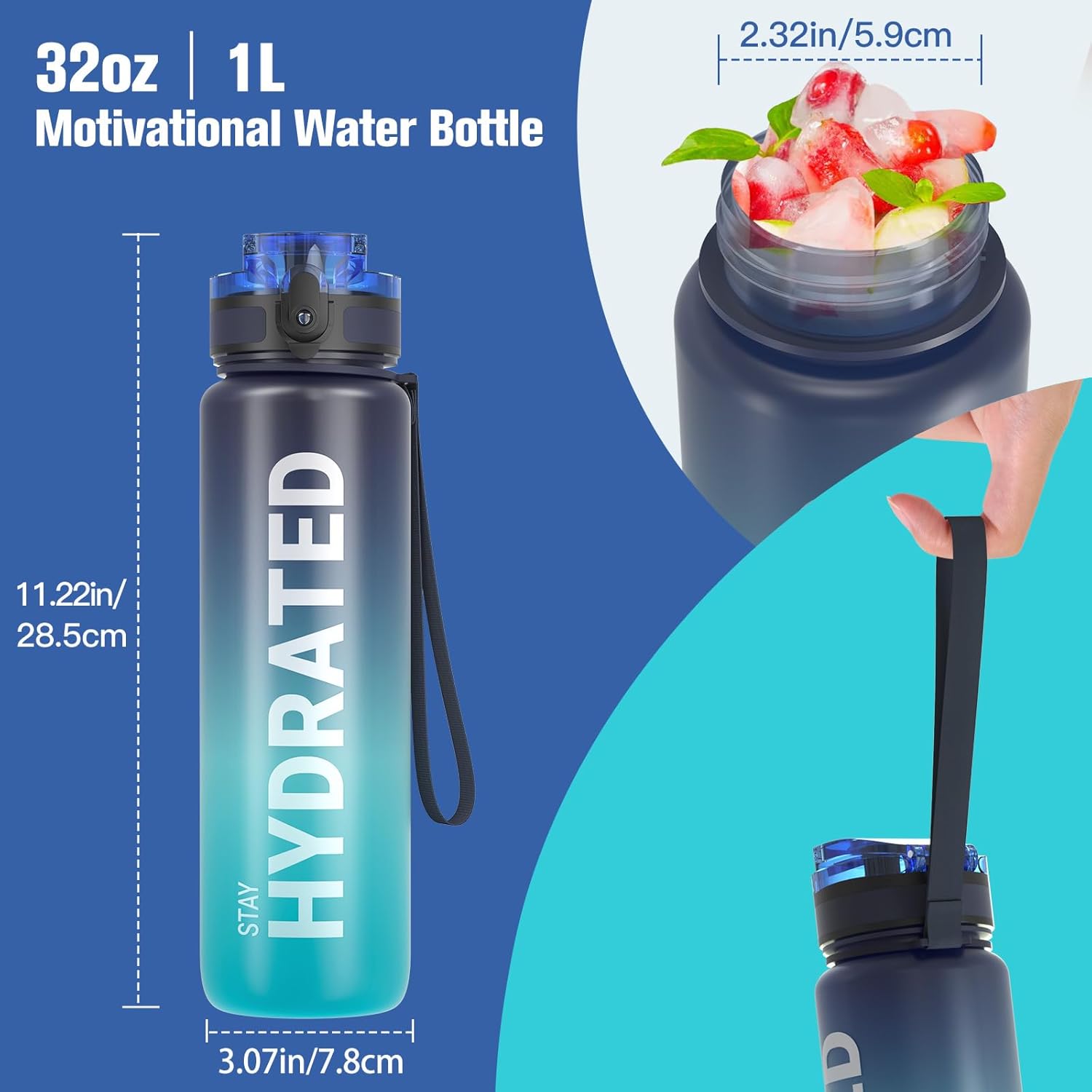 Sahara Sailor 32oz Water Bottle - Durable, Leakproof, BPA-Free Tritan with Time Marker & Easy Clean Brush