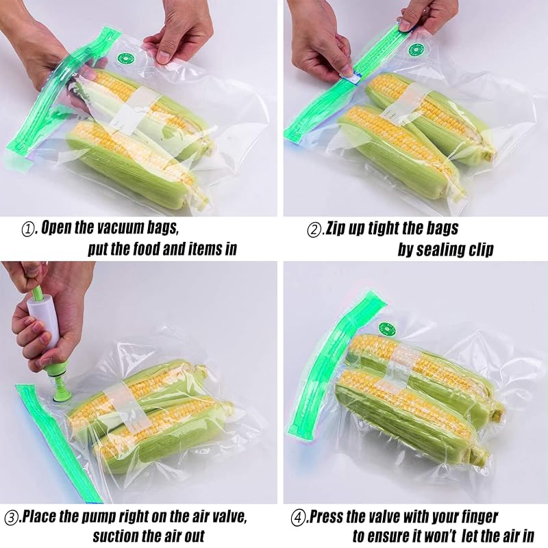 Green Kit: 20 Pack Reusable Sous Vide Bags with 3 Sizes, Hand Pump & Clips