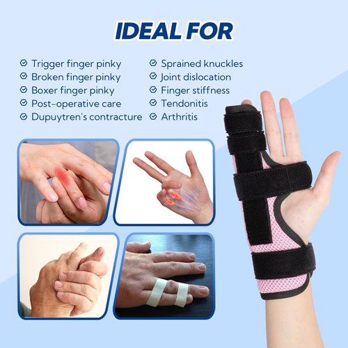 YiYame Pinky Finger Splint, Trigger Finger Splint Pinky Right & Left Hand, Ulnar Gutter Splint, Metacarpal Finger Splint Hand Brace for Boxer Finger, Dupuytren's Contracture, Arthritis, Pink, M