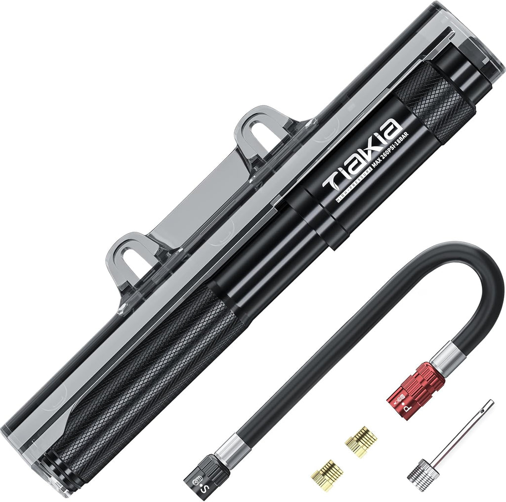 Tiakia Mini Bike Pump - Portable 260PSI High-Pressure Air Hand Pump for Presta & Schrader Valves | Aluminum Alloy Tire Pump for Road & Mountain Bikes