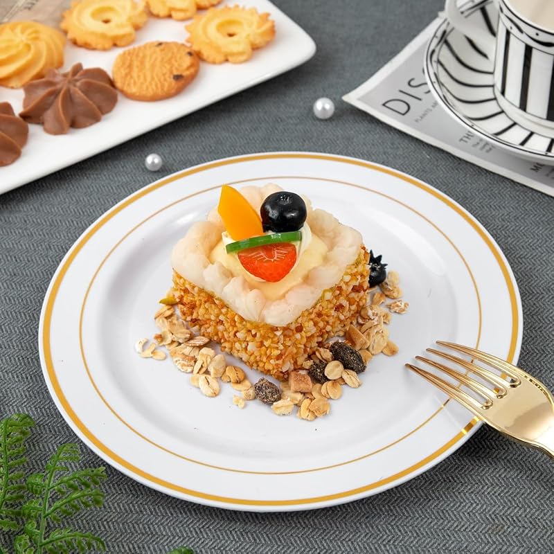 Wellife 240 Pcs Disposable Dessert Plates with Gold Forks, 6.5 Inch White & Gold Rim Set for 120 Guests