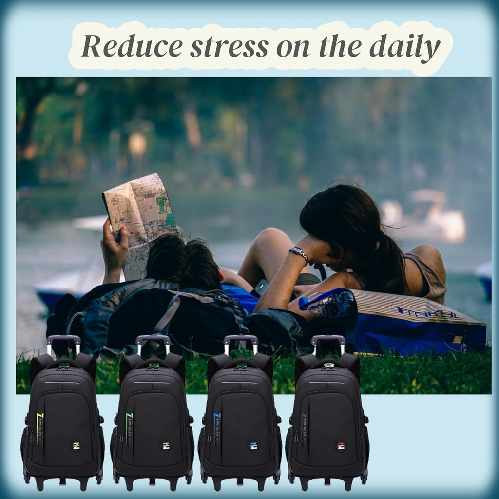 VIDOSCLA Rolling Backpack for Kids - Black Trolley Luggage with 6 Wheels for School & Travel