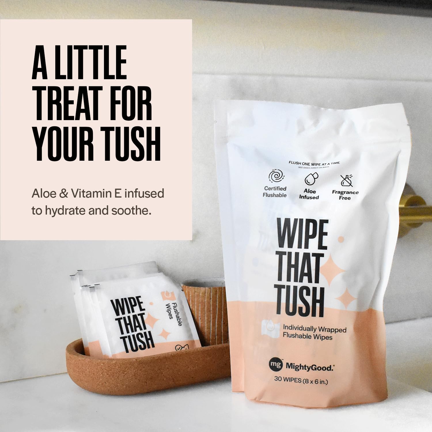 Wipe That Tush Flushable Wipes - Extra Large & Soft, Fragrance-Free, Hypoallergenic | 30 Individually Wrapped Wipes