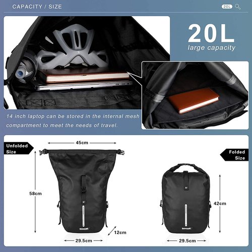 Rhinowalk Bike Pannier Bag Waterproof Rack Bicycle Bag 18L Bike Bag Shoulder Bag Laptop Pannier Backpack Professional Cycling Accessories-Black