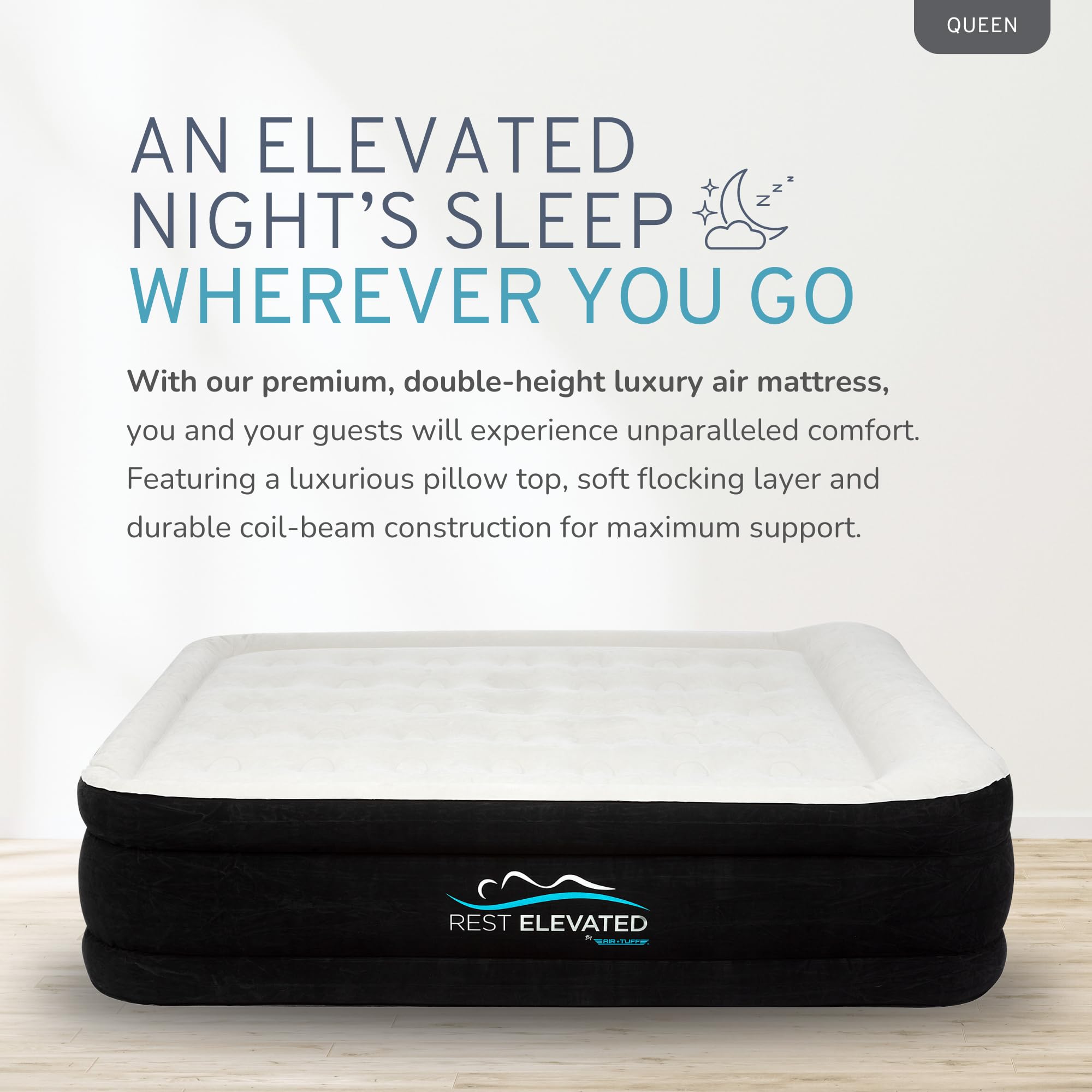 RestElevated Luxury Pillow Top Queen Size Air Mattress with Built in Pump | 20" Raised Height with Coil Beam Support | Adjustable Blow Up Air Bed | for Home, Guests and Camping [Black with Cream Top]