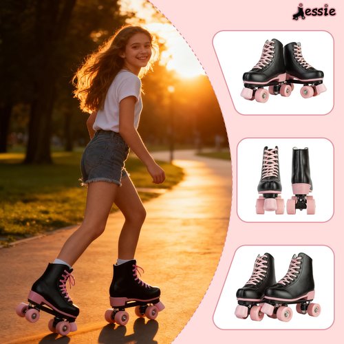 Jessie Women Roller Skates with Light Up Wheels Stylish Black Quad Skating Ideal for Men, Adult, Youth and Beginners Outdoor(Flash Wheel, 37-23.5cm/9.25in)
