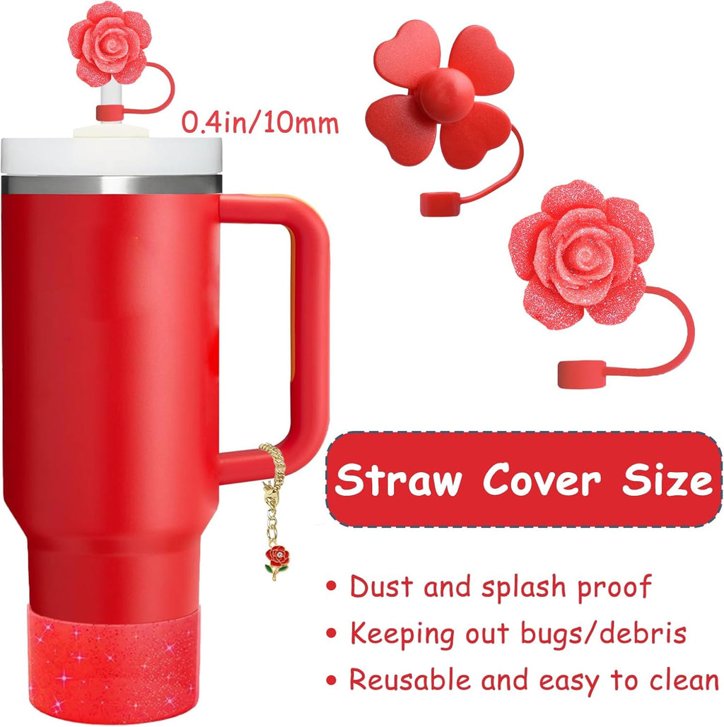 Stanley Cup Accessories Set - 3-Piece Silicone Straw Cover & Spill-Proof Stopper | Cute Rose Handle Charm & Boot for 40/30 Oz Tumblers (Chili)