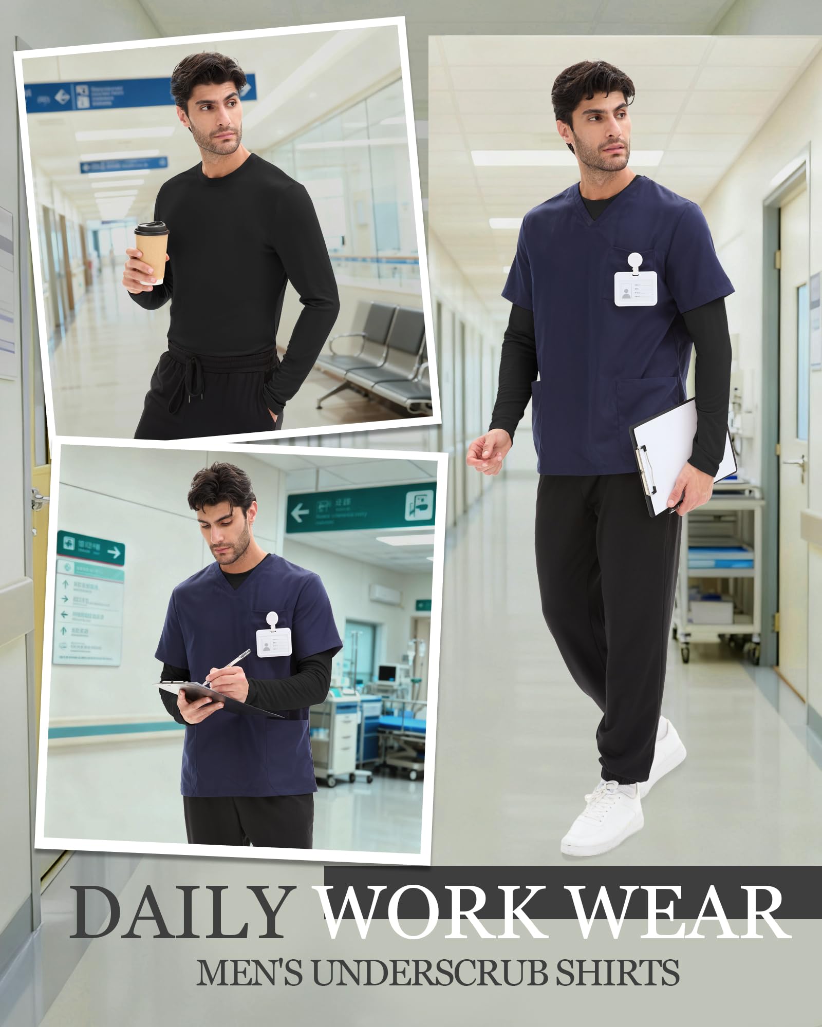 August Alley 4 Pack Men's Long Sleeve Underscrub Shirts Nurse Crewneck Work Tops Stretchy Laying Undershirts Basic Tee(Black,Large)