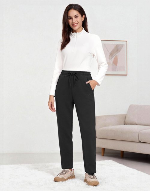 Pioneer Camp Women's Fleece Hiking Pants Lounge Straight Leg Sweatpants, Mid-Layer Winter Fleece Pants with Zipper Pockets, Black, L