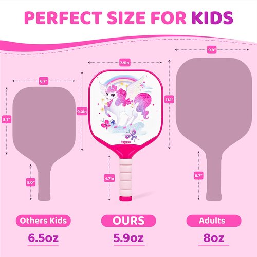 Joycat Kids Pink Pickleball Paddles Set, 2 Cute Pickleball Paddles for Kids with Small Grip,2 Pickleballs, 1 Drawstring Bag,Indoor Outdoor Sport Gifts for Girls(Unicorn)