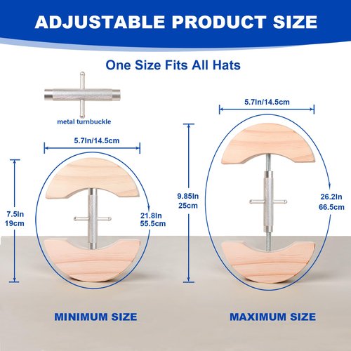 Upgraded Hat Stretcher for Fitted Hats, Adjustable Cowboy Hat Stretcher Fit All Caps - Wooden Heavy Duty of Cap Extender w. a Rotating Rod