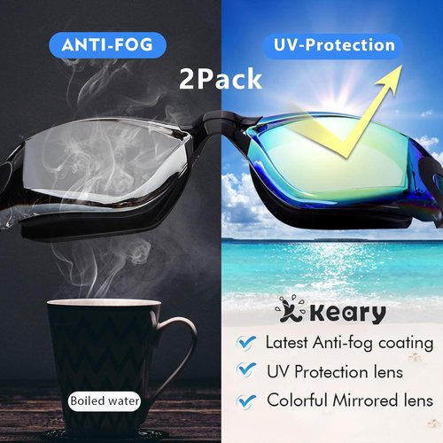 Keary Anti-Fog Swim Goggles - Waterproof Triathlon Goggles for Adults & Kids 6+ | 2 Pack with 3 Nose Pieces