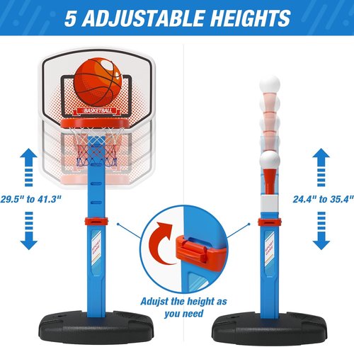 HYES Kids Basketball Hoop & T-Ball Set - Adjustable Height, Automatic Pitching Machine | Indoor/Outdoor Sports Toy for Ages 1-5, Blue