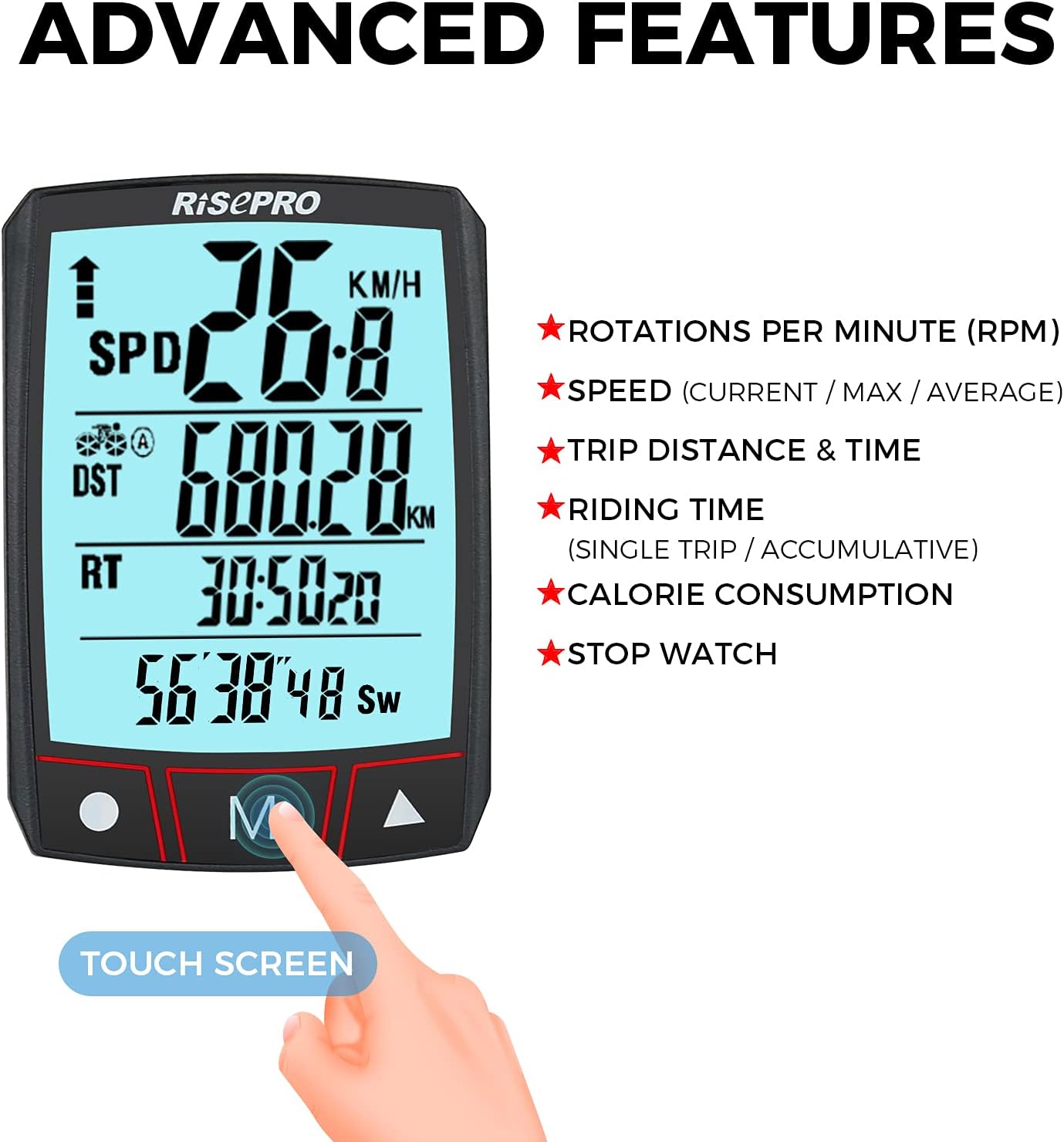 RISEPRO Wireless Bike Computer - Waterproof Touchscreen Speedometer & Odometer | Multi-Function LCD Display