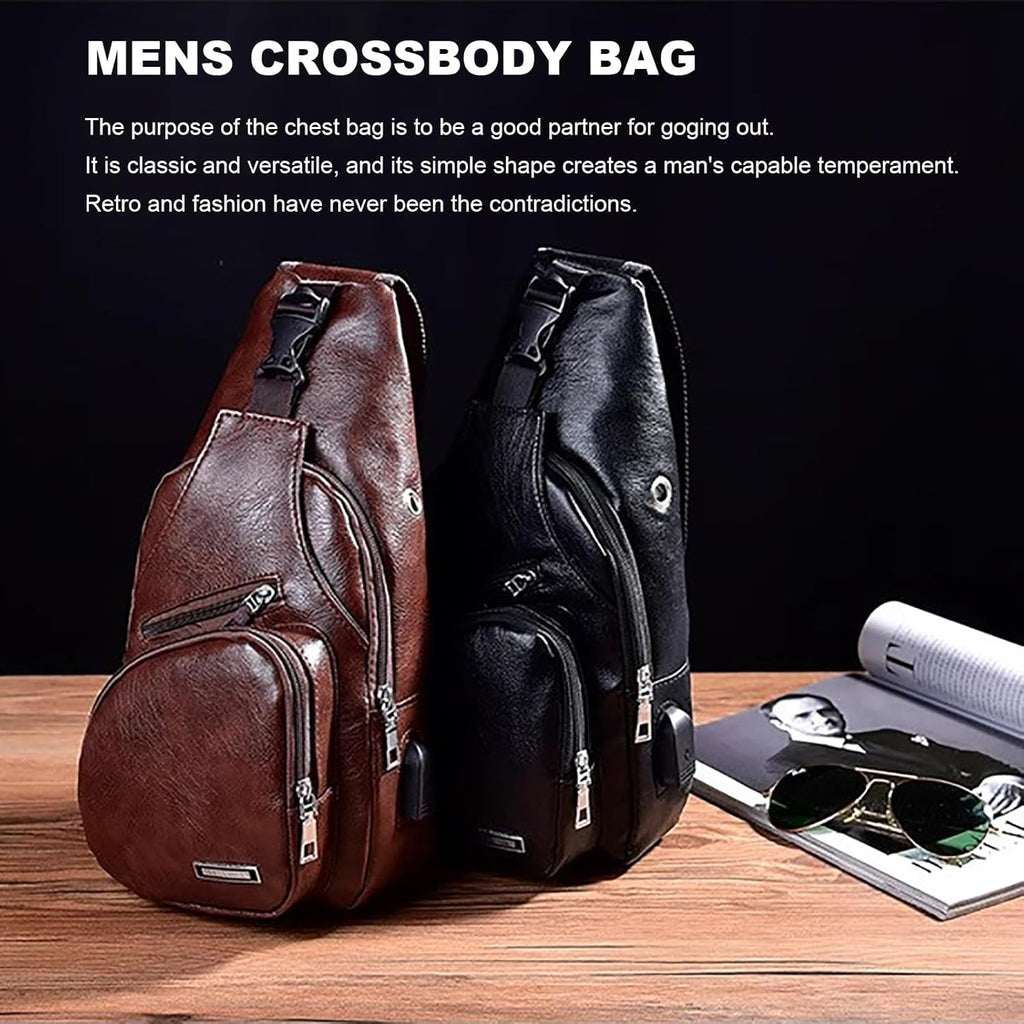 Peicees Leather Sling Bag - Men's Crossbody Backpack with USB Charging Port | Stylish & Functional
