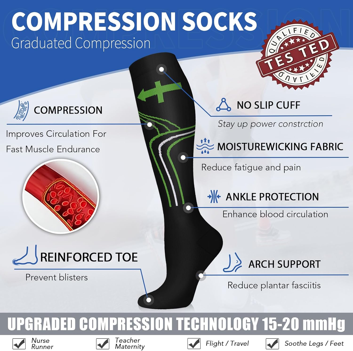 Sooverki Copper Compression Socks - 8 Pack Knee High Stockings for Men & Women | 15-20mmHg Support for Athletes