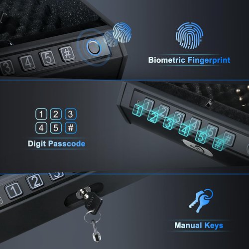 Biometric Gun Safe - Quick Access Fingerprint Pistol Safe for 2 Handguns | Silent Mode, LED Light & Steel Cable