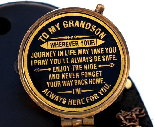 Gift for Grandson Brass Compass Engraved Quote | Memory Present to My Grandson Birthday, Baptism, Graduation, Confirmation, Love, Gift idea by Grandpa Grandma (Grandson - Always Here for You)