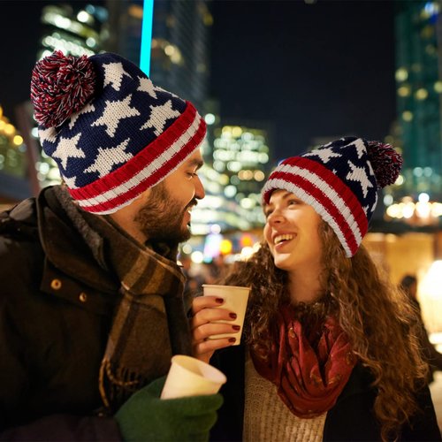 Parquet American Flag Knit Pom Beanie Ski Hat with Stars