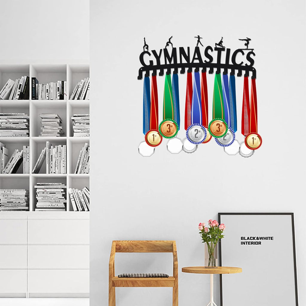 SUPERDANT Women's Gymnastics Sports Medal Holder Display Hanger Metal Wall Mount with 17 Hooks for 60+ Hanging Display Competition Holder Wall Hanging Rack Gifts for Athletes 15.75x6in