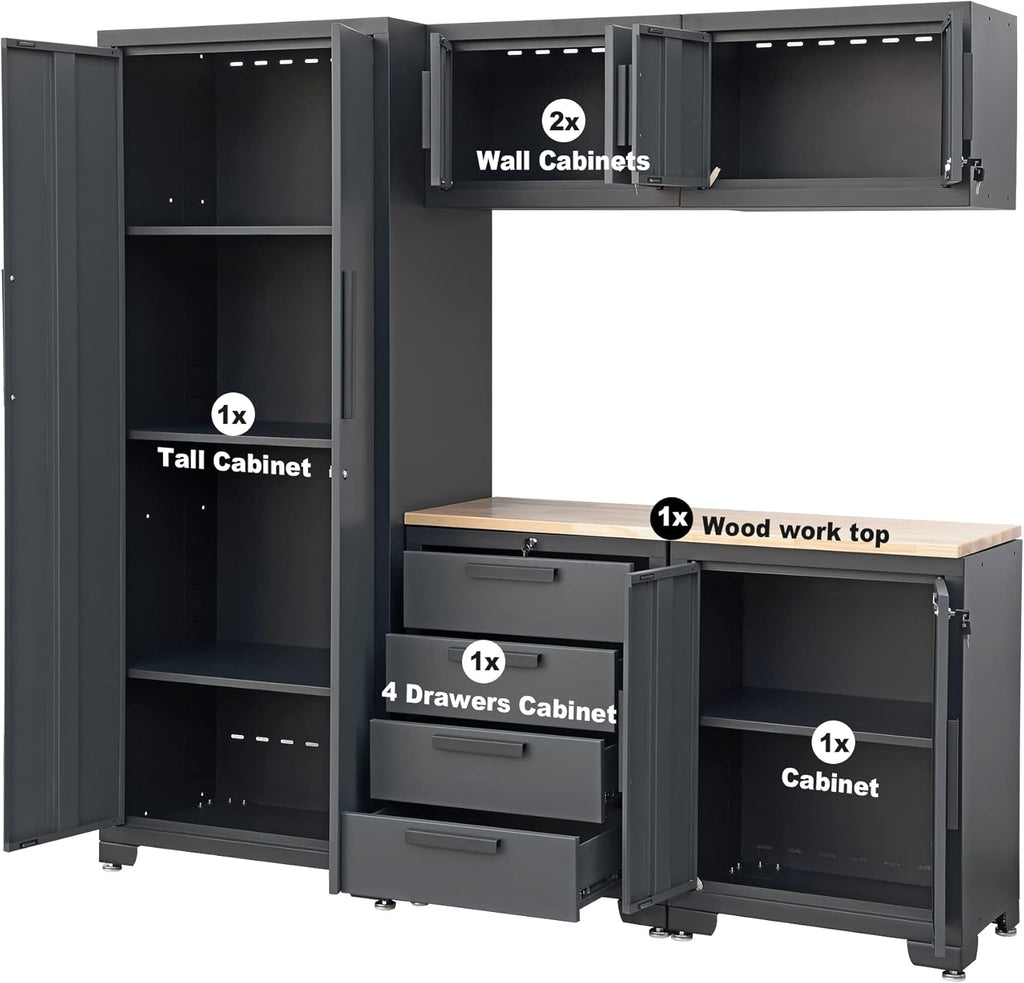 Torin Garage Storage Cabinet Set - 6-Piece Tool Organizer with Lockers & Wood Workbench | Black/Grey, 76.8" L x 18.5" W x 75.79" H