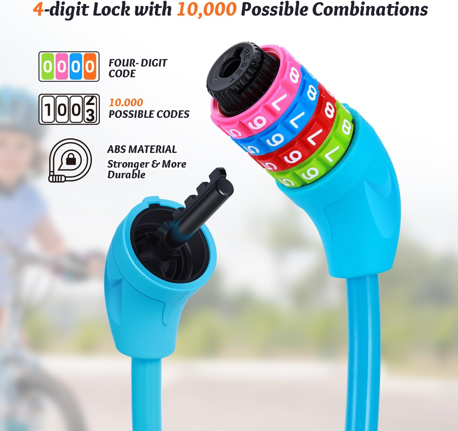 Sportneer Cable Lock - High Security 4-Digit Resettable Bike Lock | 25.6-Inch Colorful Keyless Lock for Kids - Blue