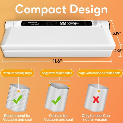 Food Vacuum Sealer Machine - 75KPA Compact Design with LED Indicator & 20 Vacuum Bags | Dry/Wet Modes